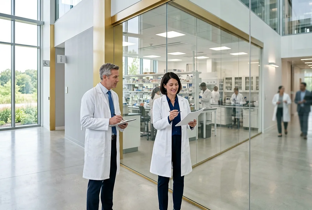 Healthcare professionals in a modern life-science environment